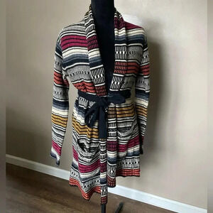 BCBGMaxAzria long belted cardigan wrap sweater colorful striped car coat sz S